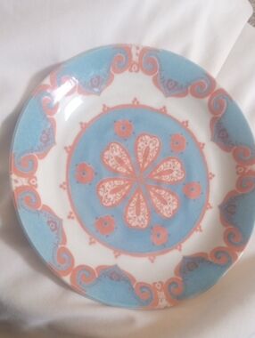 ANTHROPOLIGIE Decorative Floral Ceramic Plate in Blue and Coral